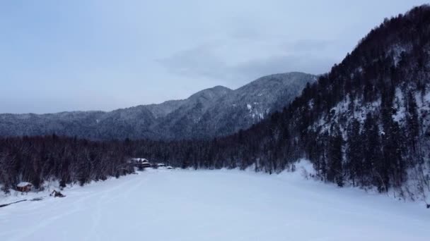 Lot Dronem Nad Zamarzniętym Jeziorem Pobliżu Gór Zimowym Lasem Zimą — Wideo stockowe