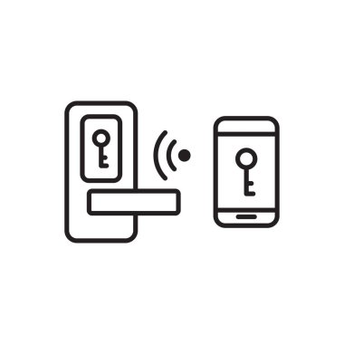 Kablosuz akıllı kapı kilitleme sistemi ana hatlı simge vektörü. Mobil ekran üzerinde anahtar kilit sembollü elektronik kablosuz kapı grafik tasarım, logo, web sitesi, sosyal medya, mobil uygulama, ui illüstrasyon
