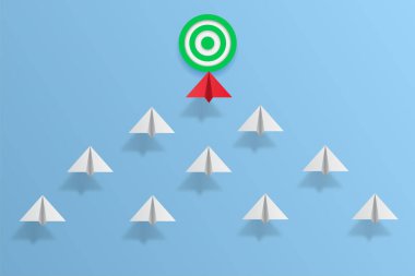 Kağıt uçak, başarı hedefi vektör iş finansal konseptine yönelir. Liderlik, yaratıcı fikir simgesi kağıt sanat stili ve metin için kopyalama alanı. resimleme