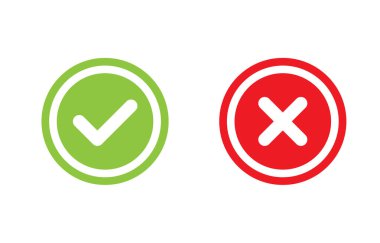 Kene ve çapraz işaretler. Yeşil işaret OK ve kırmızı X simgesi vektörü. Çember sembolleri EVET ve HAYIR tuşu oy, karar, ağ, logo, uygulama, UI. resimleme.