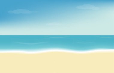 deniz, kum mavi gökyüzü ve bulutlu manzara vektör illüstrasyonu el ilanları, tavşanlar, sunumlar ve poster için yaz arkaplanı