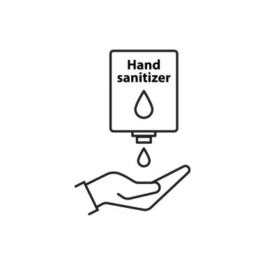 El dezenfektanının ana hatları ikon taşıyıcısı ellerini temiz tutmak için yıkıyor. Duvar monte edilmiş sabun makinesi. Logo, web sitesi, sosyal medya, mobil uygulama için duvar asılı el yıkama konteynırı, ui illüstrasyon.