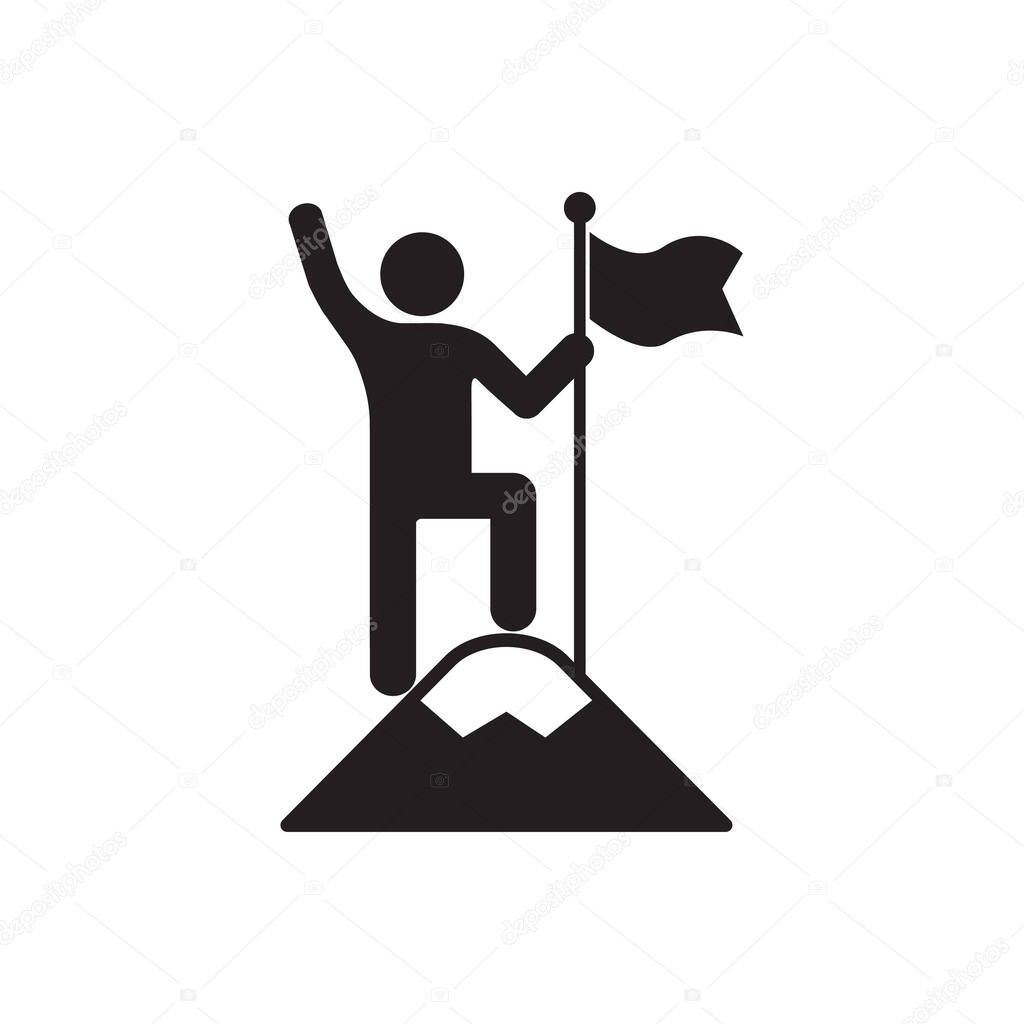 Man with flag stendind on the top of mountain icon vector success and victory concept for graphic design, logo, web site, social media, mobile app, ui illustration