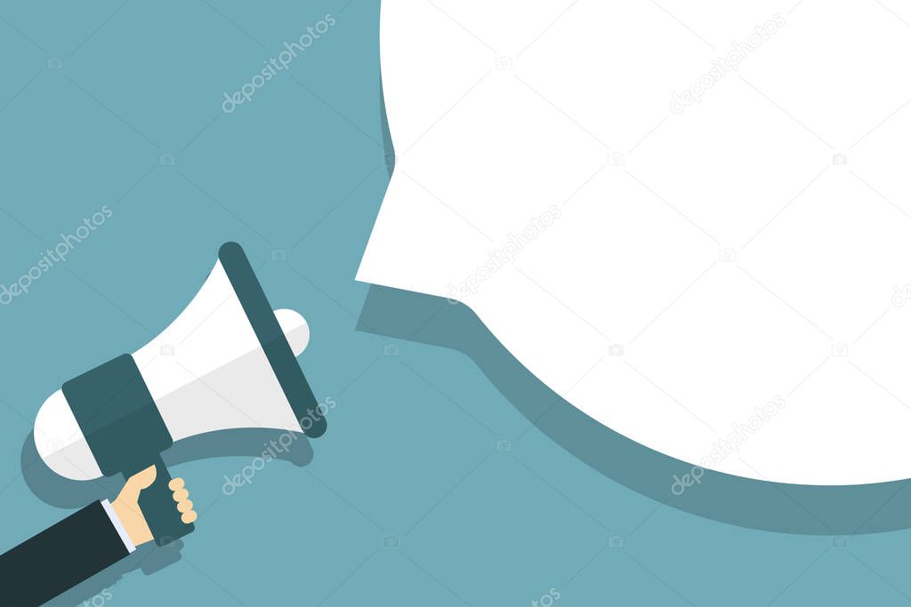 hand holding megaphone with white speech bubble on green background for social media marketing concept vector illustration