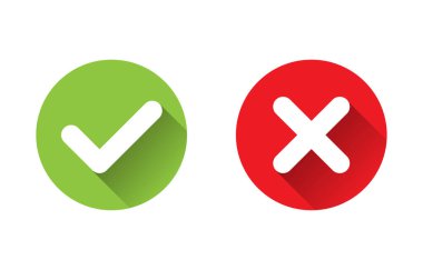 Kene ve çapraz işaretler. Yeşil işaret OK ve kırmızı X simgesi vektörü. Çember sembolleri EVET ve HAYIR tuşu oy, karar, ağ, logo, uygulama, UI. resimleme.