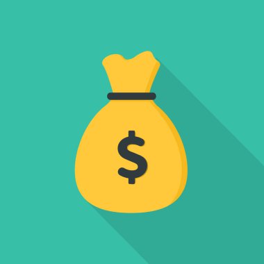 Grafik tasarımı, logo, web sitesi, sosyal medya, mobil uygulama, UI vektör illüstrasyonu için yeşil arka planda uzun gölgeli sarı para çantası