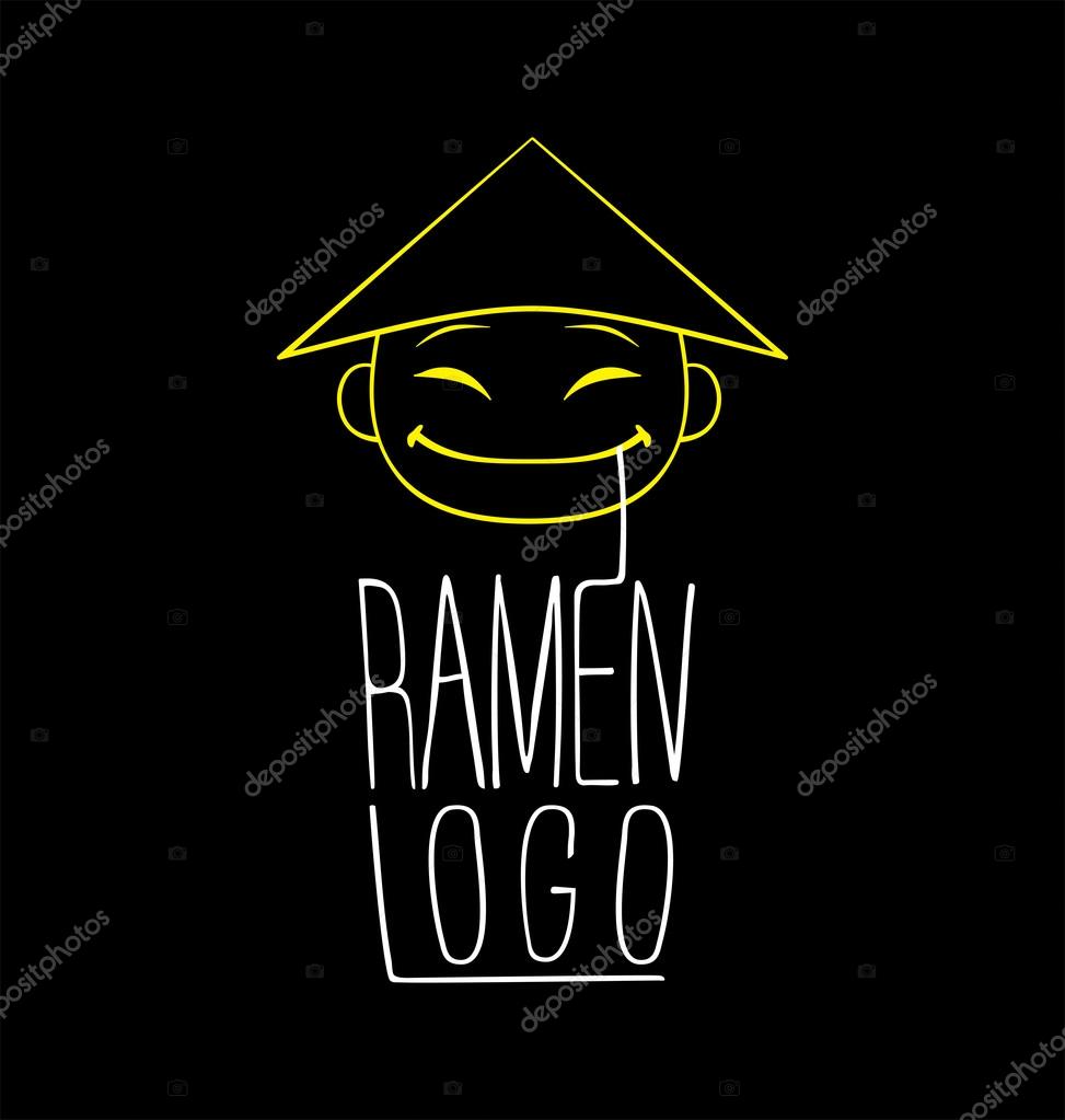 Vector symbol of cheerful Asian boy eating noodles.