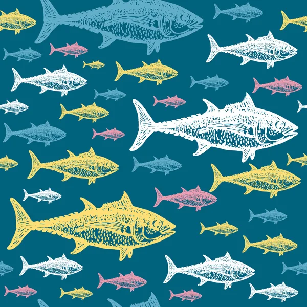 Ton balığı renkli kesintisiz vektör desen. 