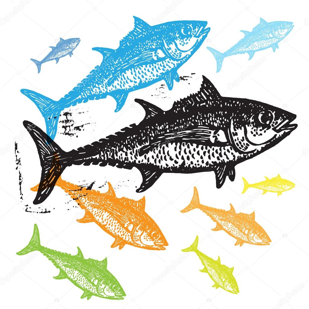 Vector Tuna fishes in abstract composition. Linocut fishes in different colors on white background