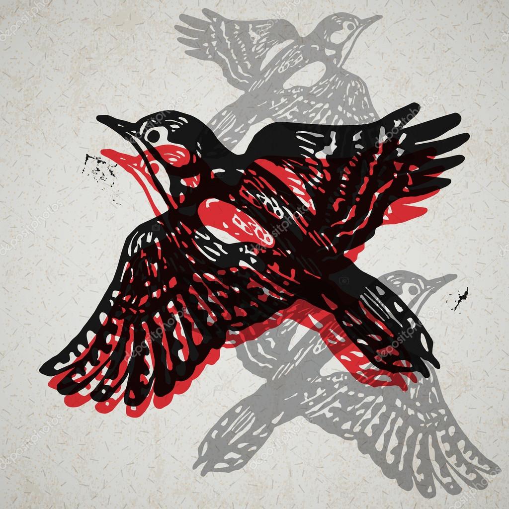 Vector woodpeckers in abstract composition. Linocut woodpeckers in flight in different colors on the old paper
