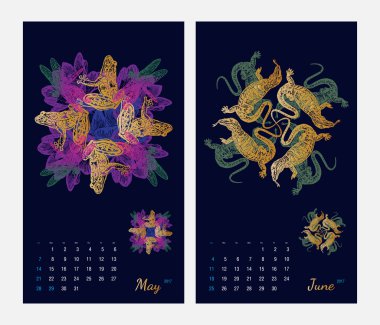 Flora ve fauna fraktalları ile hayvan basılabilir takvim 2017
