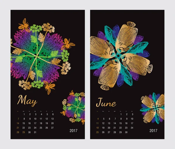 Calendario imprimible animal 2017 con fractales de flora y fauna — Vector de stock