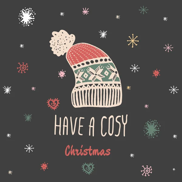 Christmas vintage card with with hand drawn knitted winter hat and text 'Have a Cosy Christmas' — Stockvector