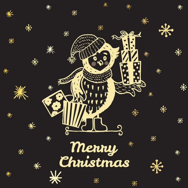 ギフトショッピングでフクロウを手描きのクリスマスカード — ストックベクタ