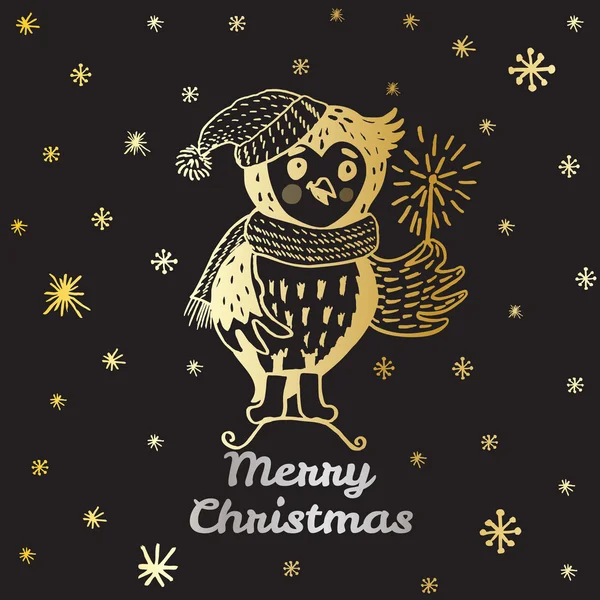 スパークラー付きフクロウの手描きのクリスマスカード — ストックベクタ