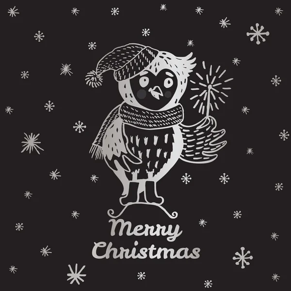 スパークラー付きフクロウの手描きのクリスマスカード — ストックベクタ
