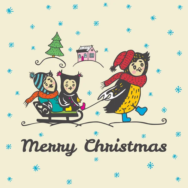 Kerstkaart met hand getekende uil ouder draagt kinderen op een slee. — Stockvector