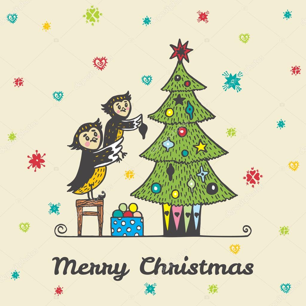 Christmas card with hand drawn owls decorating a Christmas tree Vector hand drawn illustration of Owl characters on beige background — Wektor od ant art