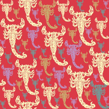 Kırmızı arka planda akrep renkli dikişsiz vektör deseni