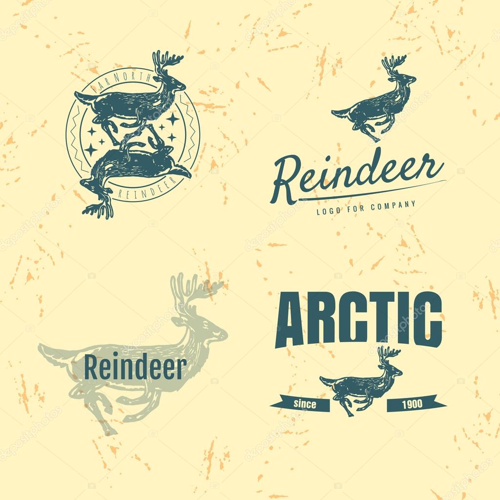 Vector colorful set with reindeer. The reindeer as main element of logotypes on beige background. Engraves vector design graphic element, emblem, logo, sign, identity, logotype
