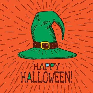 El çizilmiş cadı şapkalı Cadılar Bayramı kartı