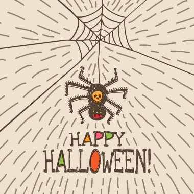 El çizilmiş asılı örümcek ile Halloween kartı