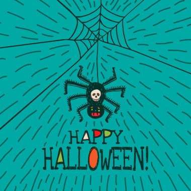 El çizilmiş asılı örümcek ile Halloween kartı
