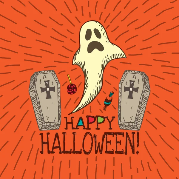 Tarjeta de Halloween con fantasma dibujado a mano, ataúdes — Archivo Imágenes Vectoriales