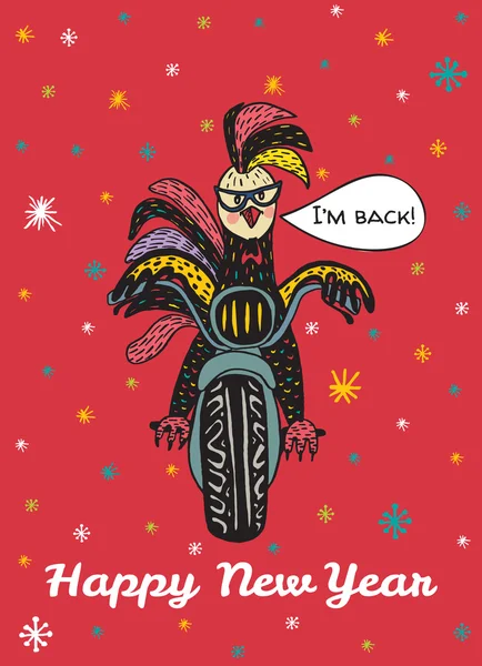 Bonne année carte avec coq dessiné à la main sur la moto — Image vectorielle