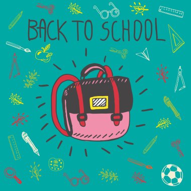 Geri okul el çizilmiş doodle kartı için çantanı ile