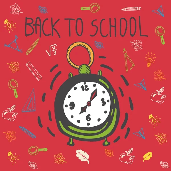 Back to school hand drawn doodle card with alarm clock — Stock Vector