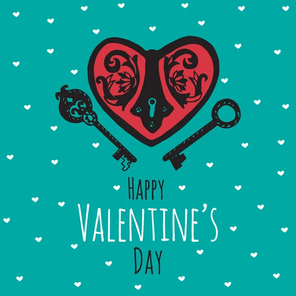 Blahopřání ke dni na Valentýna s vyobrazeným srdcem a klíčem — Stockový vektor