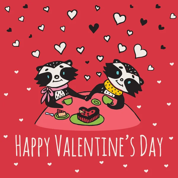 Valentin-nap kártya illusztrált mosómedve pár — Stock Vector