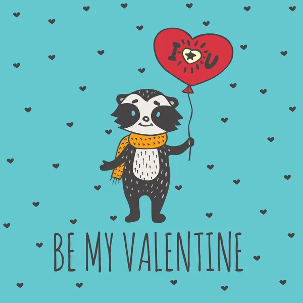 Valentijnsdag kaart met geïllustreerde wasbeer met hart ballon — Stockvector