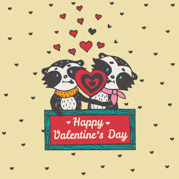 Sevgililer günü kartı resimli Rakun çift yalama lolipop ile — Stok Vektör