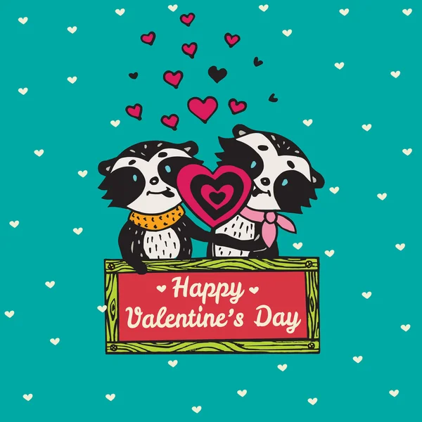 Carte Saint-Valentin avec couple de raton laveur illustré léchant sucette — Image vectorielle