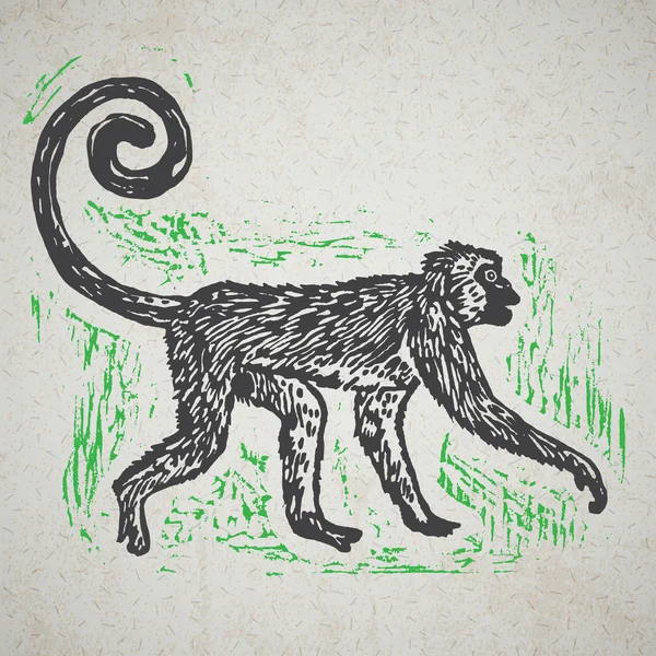 Linocut tropical Jungle Monkey em segundo plano —  Vetores de Stock