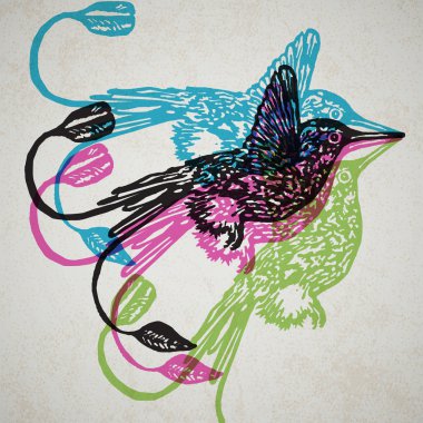 Linocut tropikal sinek kuşu kuşlar arka plan üzerinde