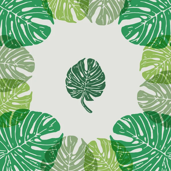 Linocut tropical Monstera folhas no fundo —  Vetores de Stock