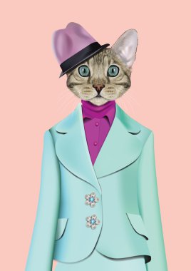 Kedi kız klasik retro tarzı giyinmiş. Vektör İllüstrasyon sevimli antropomorfik kedi takım elbise, bluz, gömlek ve şapka giyiyor. Gerçekçi Moda hayvan portre pembe arka plan izole