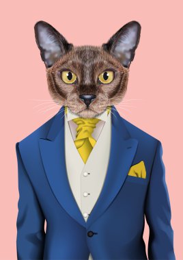 Kedi çocuk retro kostüm giyinmiş. Vektör çizim şirin antropomorfik kedi klasik ceket, yelek ve kravat takıyor. Gerçekçi moda şık hayvan portre, pembe arka plan izole.