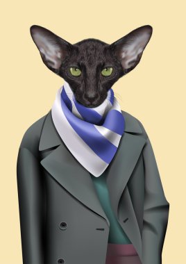 Black Cat çocuk rahat şehir tarzı giyinmiş. Vektör İllüstrasyon sevimli antropomorfik oryantal kedi yağmurluk, eşarp giyiyor. Gerçekçi moda şık hayvan portre sarı arka plan izole