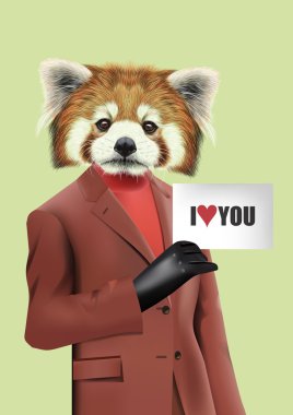 Kırmızı Panda rahat bir tarzda giyinmiş. Vektör İllüstrasyon sevimli antropomorfik panda ceket giyen, balıkçı yaka, eldivenli el seni seviyorum kartı tutan. Gerçekçi Moda şık hayvan portre