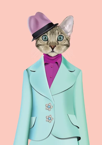 Gato niña vestida con estilo retro clásico. Vector Ilustración de gato lindo antropomórfico que usa traje, blusa, camisa y sombrero. Realista retrato animal de moda aislado sobre fondo rosa — Vector de stock
