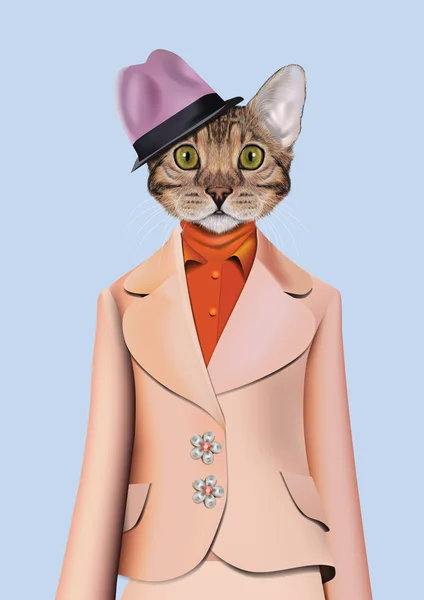 Gato niña vestida con estilo retro clásico. Vector Ilustración de gato lindo antropomórfico que usa traje, blusa, camisa y sombrero. Realista retrato animal de moda aislado sobre fondo lila — Archivo Imágenes Vectoriales