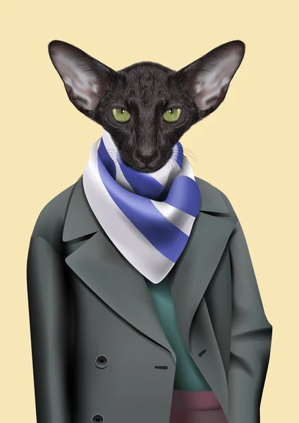 Black Cat menino vestido em estilo casual da cidade. Vector Ilustração de gato oriental antropomórfico bonito vestindo capa de chuva, cachecol. Realista moda elegante animal retrato isolado no fundo amarelo — Vetor de Stock