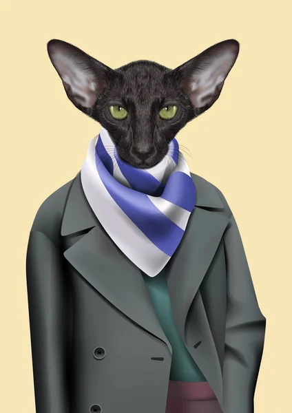 Niño gato negro vestido con estilo informal de la ciudad. Vector Ilustración de lindo gato oriental antropomórfico con impermeable, bufanda. Retrato animal elegante de moda realista aislado sobre fondo amarillo — Archivo Imágenes Vectoriales