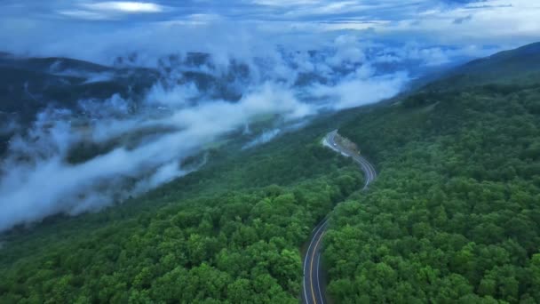 드론으로찍은 영상은 여름에 애팔래치아 산맥의 경치좋은 고속도로를 이곳은 산맥에 있습니다 — 비디오