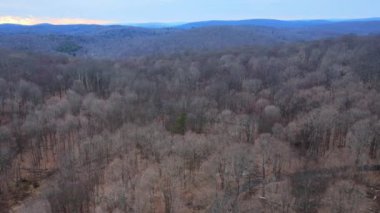 Apalaş Dağları 'nda kışın çıplak ağaç tepe örtüsü ve uzak bir göl olan uçsuz bucaksız bir arazinin insansız hava aracı görüntüleri.