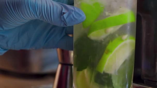 Bartender in disposable gloves mixes mojito alcoholic cocktail bar spoon — Vídeo de Stock